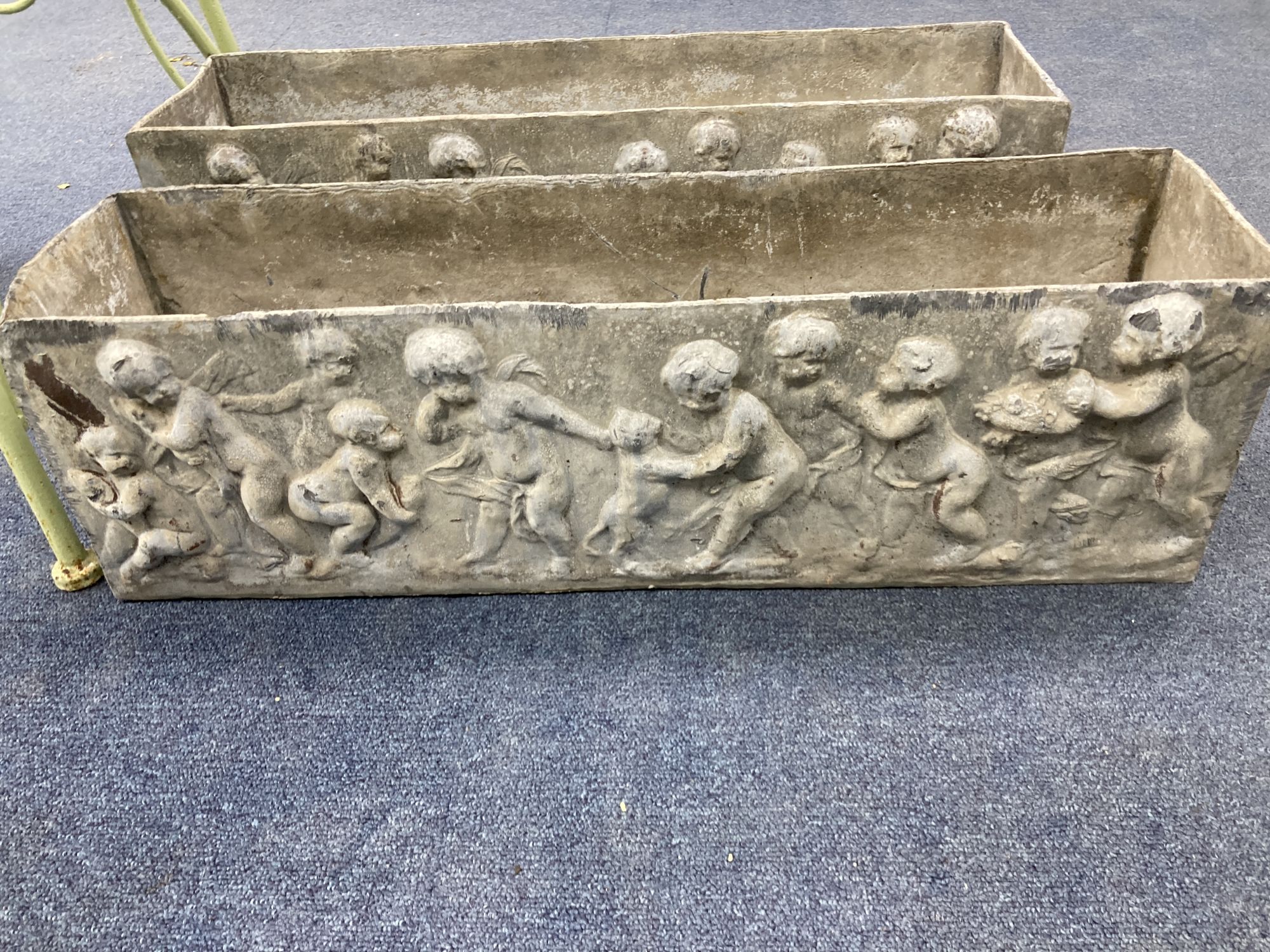 A pair of rectangular lead garden planters, width 68cm, depth 18cm, height 20cm